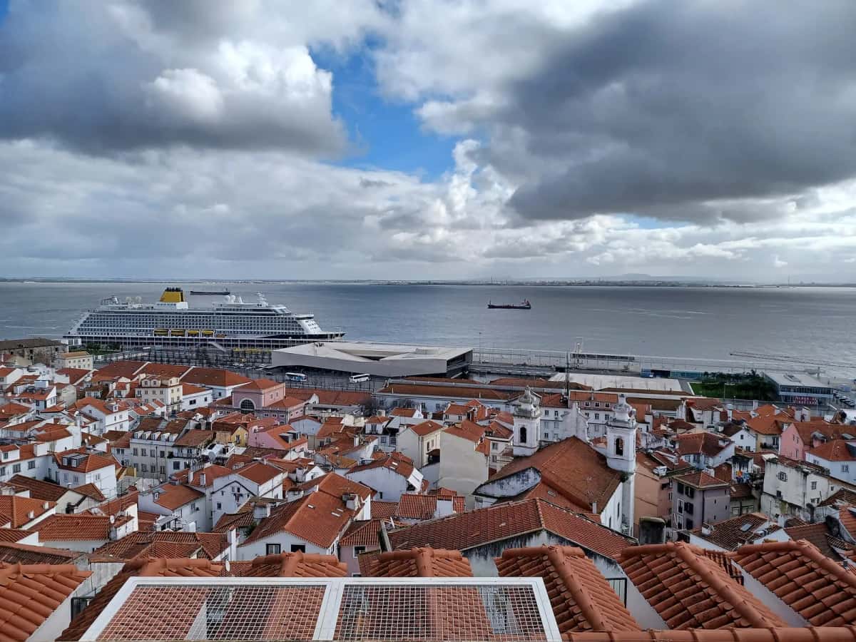 Toits de tuiles du quartier d’Alfama à Lisbonne et le Tage, vus depuis le belvédère de Santa Luzia